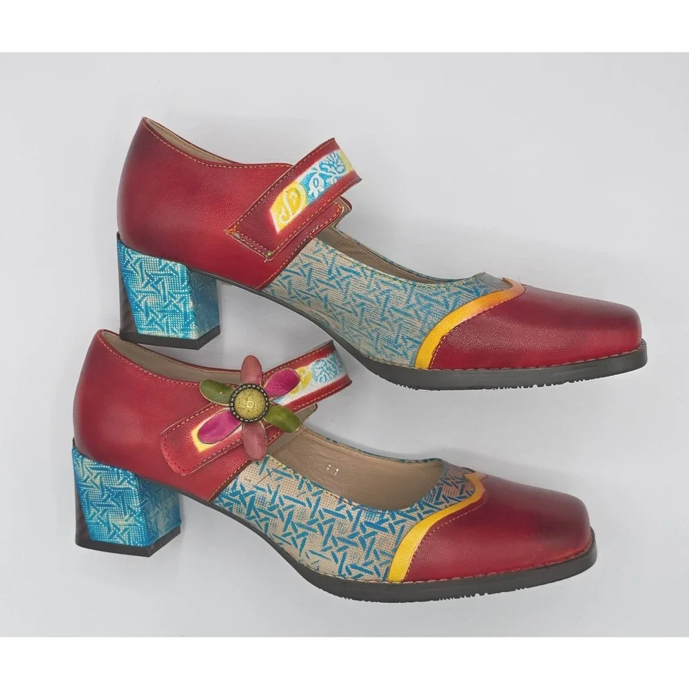 Women's Art Company Mary Jane Heels Block Heel Colorful Leather‎ Shoes Size 10 - Picture 3 of 6